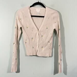 H&M Women's Cream Floral Embroidered V-neck Ribbed Cropped Cardigan Size M